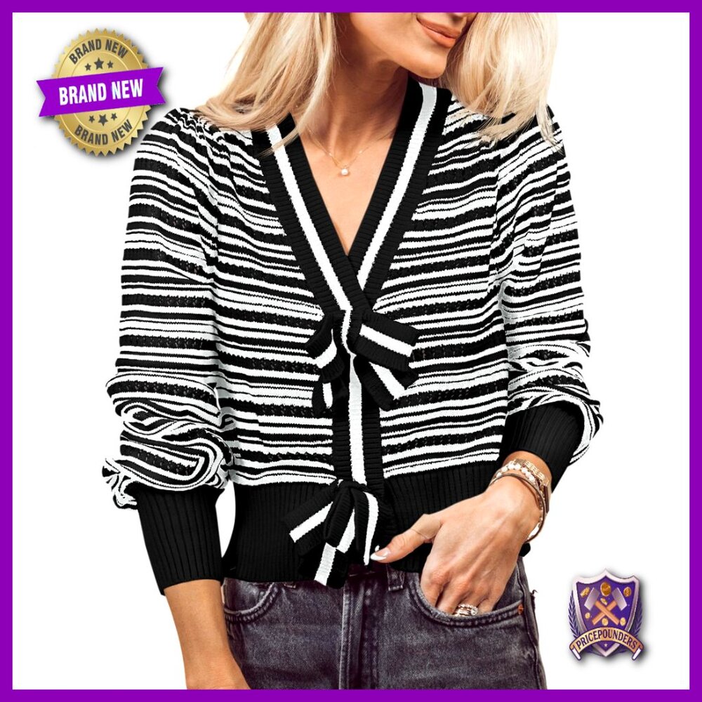 Striped Cropped Sweater V Neck Puff Sleeve Bow Tie Loose Knit Pullover Y2k Chic